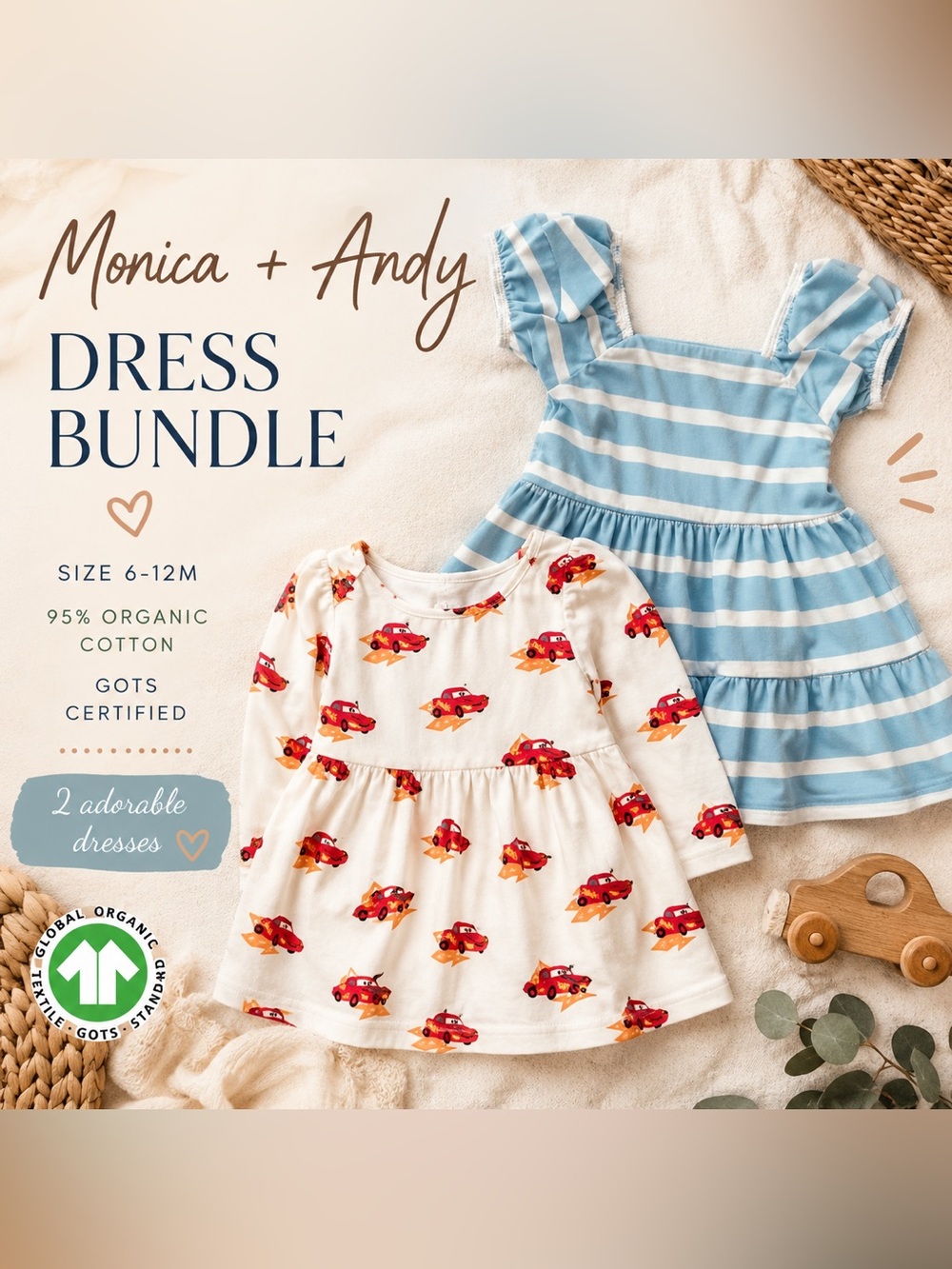 Monica + Andy Organic Cotton Baby Dress Bundle 6-12M Disney Pixar Cars